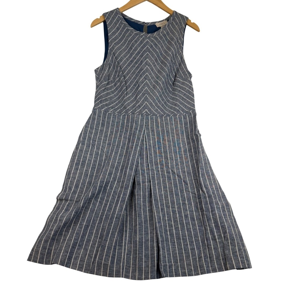 Ann Taylor LOFT Blue White Pinstripe Crossover Back Pleated Dress Size 8